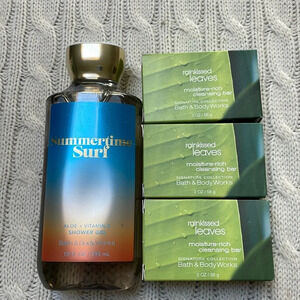 NWOT BBW shower gel and bar soap. Summertime Surf & Rain kissed leaves